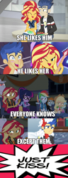 Size: 766x2004 | Tagged: safe, artist:mlpfan3991, edit, edited screencap, screencap, flash sentry, sunset shimmer, better together, cheer you on, eqg summertime shorts, equestria girls, good vibes, holidays unwrapped, spring breakdown, caption, comic, female, flashimmer, image macro, male, shipping, straight, text