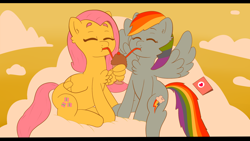 Size: 1280x720 | Tagged: safe, artist:grapemelondrawshorses, derpibooru import, fluttershy, rainbow dash, pegasus, pony, cloud, eyes closed, female, flutterdash, holiday, lesbian, milkshake, sharing a drink, shipping, sitting, valentine's day, valentine's day card, wing hands