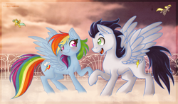 Size: 2221x1309 | Tagged: safe, artist:frostedpuffs, derpy hooves, rainbow dash, soarin', pegasus, pony, blushing, crush, cute, female, flying, holding hooves, male, mare, nervous, old cutie mark, raised leg, shipping, smiling, soarindash, spread wings, straight