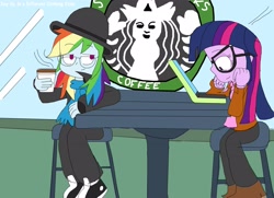 Size: 3543x2562 | Tagged: safe, artist:rainbowyoshi305, derpibooru import, rainbow dash, twilight sparkle, equestria girls, 30 day otp challenge, bowler hat, clothes, computer, glasses, hat, hipster, laptop computer, scarf, shipping, starbucks, twidash