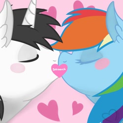 Size: 1280x1280 | Tagged: safe, artist:maranora, derpibooru import, rainbow dash, oc, oc:shiron, pegasus, pony, canon x oc, female, hearts and hooves day, kissing, male, pink, shipping, smooch, straight, valentine's day