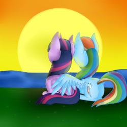 Size: 894x894 | Tagged: safe, artist:mlpgamergirl2000, derpibooru import, rainbow dash, twilight sparkle, twilight sparkle (alicorn), alicorn, pegasus, pony, female, hug, lesbian, shipping, sunset, twidash, winghug