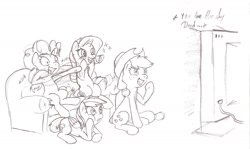 Size: 1996x1186 | Tagged: artist needed, source needed, safe, derpibooru import, applejack, pinkie pie, rainbow dash, rarity, earth pony, pegasus, pony, unicorn, hokuto no ken, pencil drawing, sketch, sofa, television, traditional art