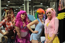 Size: 1600x1067 | Tagged: safe, artist:aktrez, artist:scruffyrebel, artist:xsoulxxxreaperx, derpibooru import, applejack, fluttershy, pinkie pie, rainbow dash, human, comikaze expo, cosplay, irl, irl human, jessica nigri, photo