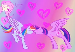 Size: 1000x700 | Tagged: safe, artist:sherradestrix, derpibooru import, fluttershy, rainbow dash, twilight sparkle, twilight sparkle (alicorn), alicorn, pegasus, pony, eyes closed, female, heart, lesbian, rainbow background, shipping, twidash, yay