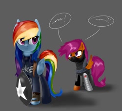 Size: 919x840 | Tagged: safe, artist:supermare, rainbow dash, scootaloo, pegasus, pony, captain america, winter soldier