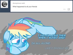 Size: 800x600 | Tagged: safe, artist:unhinged_pony, derpibooru import, rainbow dash, pegasus, pony, askdepresseddash, crying, depressed, feels, lying down, sad, solo, tumblr, woobie