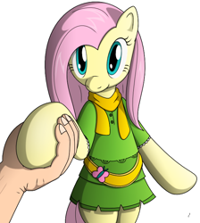 Size: 618x690 | Tagged: safe, artist:tg-0, fluttershy, human, pegasus, pony, semi-anthro, clothes, duo, female, green skirt, hand, holding hooves, human on pony hoof holding, mare, scarf, shirt, simple background, skirt, smiling, standing, white background