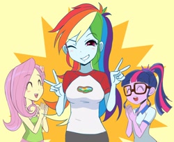 Size: 2806x2285 | Tagged: safe, artist:manmaru00, derpibooru import, fluttershy, rainbow dash, sci-twi, twilight sparkle, equestria girls, ^^, blushing, breasts, eyes closed, female, glasses, happy, one eye closed, open mouth, peace sign, pixiv, rainboob dash, wink