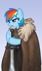 Size: 426x725 | Tagged: safe, artist:blackfeathr, rainbow dash, pegasus, pony, a song of ice and fire, brace yourselves, crossover, eddard stark, game of thrones, ponified, winter is coming