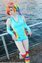 Size: 331x496 | Tagged: safe, artist:stunnerstatus, rainbow dash, human, clothes, cosplay, irl, irl human, photo, rainbow socks, socks, striped socks