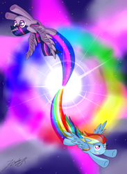 Size: 1100x1500 | Tagged: safe, artist:phoenixgoldensilver, derpibooru import, rainbow dash, twilight sparkle, twilight sparkle (alicorn), alicorn, pegasus, pony, flying, sonic rainboom, sonic sparkboom