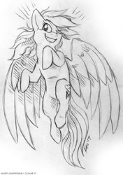 Size: 704x1000 | Tagged: safe, artist:kaemantis, derpibooru import, rainbow dash, pegasus, pony, female, flying, mare, monochrome, sketch, smiling, solo