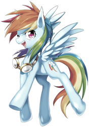 Size: 500x709 | Tagged: safe, artist:megarexetera, rainbow dash, pegasus, pony, anime, cute, dashabetes, goggles, manga, manga style, open mouth, simple background, solo, spread wings, underhoof, white background, wink