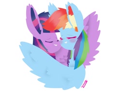 Size: 1056x792 | Tagged: safe, artist:vanillaswirl6, derpibooru import, rainbow dash, twilight sparkle, twilight sparkle (alicorn), alicorn, pegasus, pony, ear fluff, eyes closed, female, hug, lesbian, shipping, simple background, twidash, white background, winghug