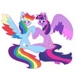 Size: 1008x1008 | Tagged: safe, artist:vanillaswirl6, derpibooru import, rainbow dash, twilight sparkle, twilight sparkle (alicorn), alicorn, pegasus, pony, blushing, colored pupils, colored wings, ear fluff, female, holding hooves, lesbian, looking at each other, multicolored wings, shipping, simple background, twidash, white background