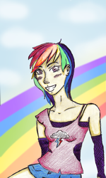 Size: 733x1224 | Tagged: safe, artist:lil-apple-guy, rainbow dash, human, clothes, female, humanized, multicolored hair