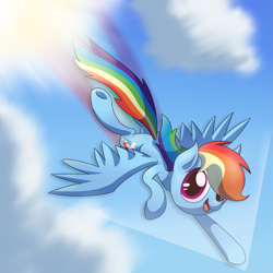 Size: 2743x2743 | Tagged: safe, artist:supercoco142, derpibooru import, rainbow dash, pegasus, pony, cloud, flying, high res, rainbow trail, smiling, solo