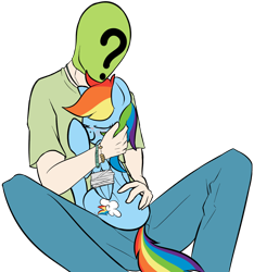 Size: 1280x1368 | Tagged: safe, artist:mostazathy, rainbow dash, oc, oc:anon, human, pony, bandage, blushing, bondage, bound wings, bracelet, cute, dashabetes, eyes closed, holding a pony, hug, injured, simple background, sitting, smiling, transparent background