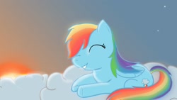 Size: 1600x900 | Tagged: safe, rainbow dash, pegasus, pony, artifact, cloud, cloudy, eyes closed, grin, lying on a cloud, on a cloud, smiling, solo, stars, sunset