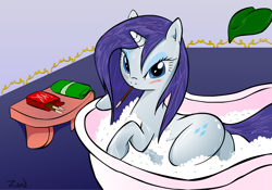 Size: 2459x1717 | Tagged: safe, artist:zev, rarity, pony, unicorn, bath, blushing, female, food, mare, plot, pocky, solo, water, wet, wet mane, wet mane rarity