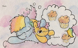 Size: 878x538 | Tagged: safe, artist:slightlyshade, rainbow dash, scootaloo, pegasus, pony, cloud, filly, muffin, sleeping, traditional art