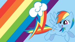 Size: 1191x670 | Tagged: safe, artist:ponyphile, derpibooru import, rainbow dash, pegasus, pony, cutie mark, rainbow, smiling, solo, vector, wallpaper