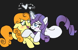 Size: 2408x1544 | Tagged: safe, artist:enigmaticfrustration, carrot top, golden harvest, rarity, earth pony, pony, unicorn, blushing, carrity, crack shipping, female, floppy ears, lesbian, mare, prone, rarepair, shipping, simple background