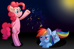 Size: 1500x1000 | Tagged: safe, artist:zoiby, derpibooru import, pinkie pie, rainbow dash, earth pony, pegasus, pony, female, mare, streamers