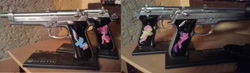 Size: 3928x1154 | Tagged: safe, derpibooru import, fluttershy, pinkie pie, rainbow dash, twilight sparkle, airsoft, beretta, custom, gun, gunified, irl, my little arsenal, photo, pistol, weapon