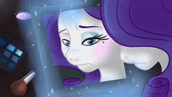 Size: 1024x578 | Tagged: safe, artist:anzicorn, artist:wildanzappeared, rarity, anthro, female, mirror, solo