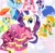 Size: 450x438 | Tagged: safe, artist:akira himekawa, derpibooru import, applejack, fluttershy, pinkie pie, rainbow dash, rarity, twilight sparkle, earth pony, pegasus, pony, unicorn, action poster, clothes, dress, gala dress, mane six, manga, official, pucchigumi