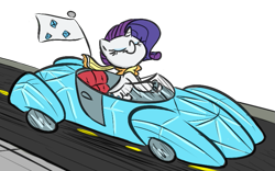 Size: 765x478 | Tagged: dead source, safe, artist:tess, rarity, pony, unicorn, car, clothes, driving, eyes closed, female, mare, scarf, solo