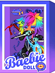 Size: 768x1024 | Tagged: safe, derpibooru import, rainbow dash, human, bag, barbie doll box, box, dagger, doll box, eyeshadow, humanized, lidded eyes, looking at you, makeup, ninja, purse, sword, weapon