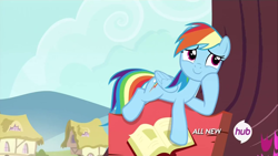 Size: 1280x720 | Tagged: safe, screencap, rainbow dash, pegasus, pony, testing testing 1-2-3, all new, cute, dashabetes, female, hub logo, mare, raised hoof, smiling, solo