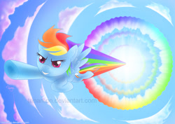 Size: 1024x724 | Tagged: safe, artist:trinamon, rainbow dash, pegasus, pony, badass, cool, epic, female, flying, mare, solo, sonic rainboom