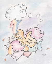 Size: 676x841 | Tagged: safe, artist:slightlyshade, rainbow dash, scootaloo, pegasus, pony, female, filly, lesbian, pillow, scootadash, shipping, sleeping, traditional art