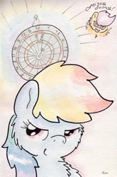 Size: 726x1101 | Tagged: safe, artist:slightlyshade, rainbow dash, scootaloo, pegasus, pony, darts, filly, filly rainbow dash, solo, traditional art