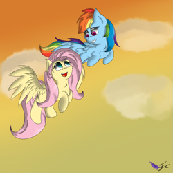 Size: 1181x1181 | Tagged: safe, artist:fluttair, fluttershy, rainbow dash, pegasus, pony, chest fluff, ear fluff, female, flutterdash, flying, lesbian, looking at each other, shipping, smiling