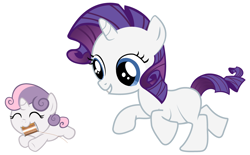 Size: 4200x2600 | Tagged: safe, artist:beavernator, rarity, sweetie belle, pony, unicorn, baby, baby belle, baby pony, duo, female, filly, foal, running, simple background, spool, white background