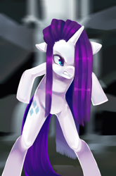 Size: 528x800 | Tagged: safe, artist:whimsical-vanilla, rarity, pony, semi-anthro, unicorn, angry, bipedal, female, floppy ears, solo, wet, wet mane, wet mane rarity