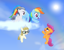 Size: 1600x1248 | Tagged: safe, artist:rainbownspeedash, rainbow dash, rumble, scootaloo, zippoorwhill, pegasus, pony, cheering, cloud, cloudy, scootaloo can fly, scootalove