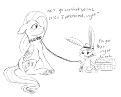 Size: 847x678 | Tagged: dead source, safe, artist:cartoonlion, angel bunny, fluttershy, pegasus, pony, cigar, collar, female, floppy ears, hat, leash, mare, monochrome, picnic, sitting, trilby, vulgar