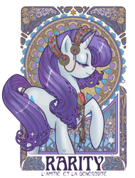 Size: 608x800 | Tagged: dead source, safe, artist:hezaa, rarity, pony, unicorn, female, french, jewelry, lidded eyes, mare, modern art, nouveau, profile, raised hoof, solo