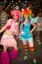 Size: 3162x4743 | Tagged: safe, derpibooru import, pinkie pie, rainbow dash, human, 2012, belly button, clothes, cosplay, irl, irl human, leg warmers, midriff, photo, san diego comic con, skirt