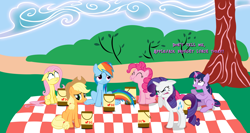 Size: 1280x683 | Tagged: safe, derpibooru import, applejack, fluttershy, pinkie pie, rainbow dash, rarity, twilight sparkle, earth pony, pegasus, pony, unicorn, feed bag, mane six, picnic, who's a silly pony