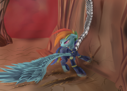 Size: 2450x1750 | Tagged: safe, artist:skyresonance, derpibooru import, rainbow dash, pegasus, pony, the cutie re-mark, alternate timeline, amputee, apocalypse dash, augmented, badass, crystal war timeline, fight, gritted teeth, prosthetic limb, prosthetic wing, prosthetics, skidding, soldier, solo