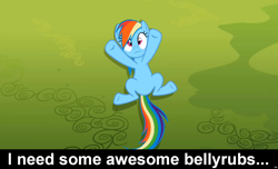 Size: 1600x973 | Tagged: safe, rainbow dash, pegasus, pony, awesome, bellyrubs, bronybait, caption, cs captions, featureless crotch, female, legs in air, mare, on back, solo, spread legs