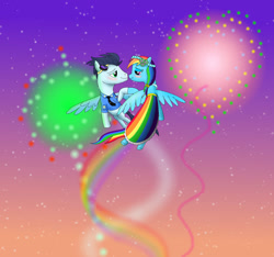 Size: 900x844 | Tagged: safe, artist:donarion, rainbow dash, soarin', pegasus, pony, clothes, dress, female, fireworks, gala dress, male, shipping, soarindash, straight