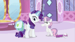 Size: 640x360 | Tagged: safe, screencap, rarity, sweetie belle, pony, unicorn, ponyville confidential, all new, animated, bipedal, boing, carousel boutique, duo, female, filly, gif, horn flick, hub logo, it keeps happening, magic, mare, raribuse, sproing, text